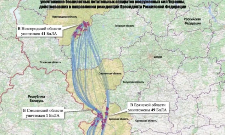 МО на Русия пусна карта с маршрута на украинските дронове, атакували дачата на Путин
