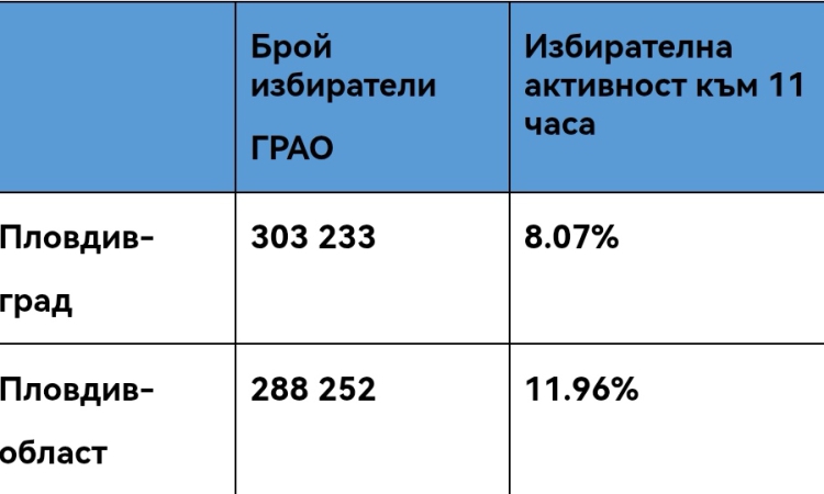 Към 10:30 часа избирателна активност за Пловдив е 8,07%, а в Пловдив-област – 11.96% 
